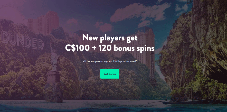 Dunder Bonus - 20 Free Spins (no deposit needed) + 100% Bonus and 100 free spins