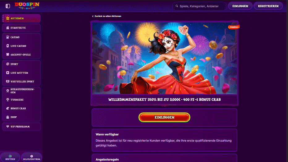Duospin Casino Willkommensbonus – bis zu 3.000 € + 400 Freispiele für deutsche Spieler