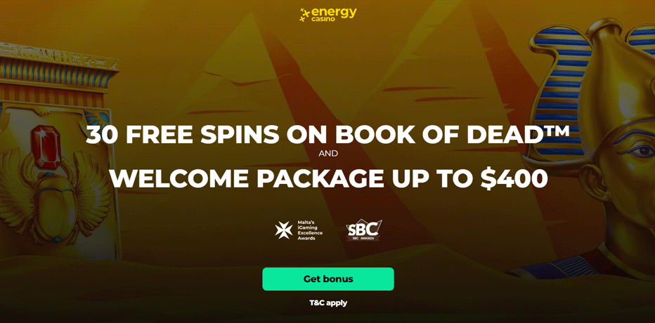 Energy Casino welcome offer - 30 free spins and a $400 bonus