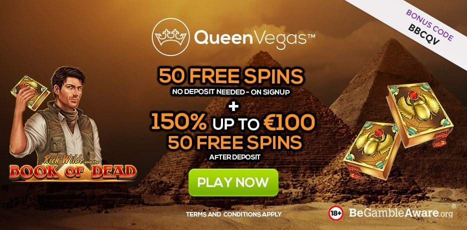 Krev 50 gratis spinn på The book of dead på Queen Vegas