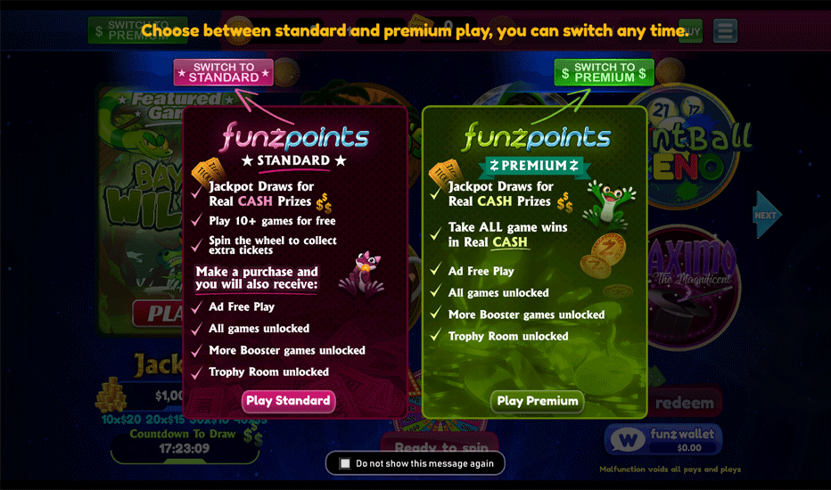 Funzpoints Casino - Standard Play vs Premium Play