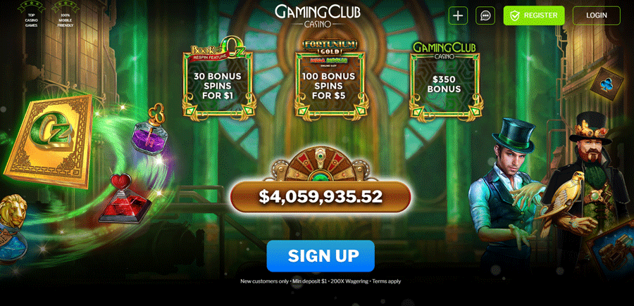 Gaming Club Casino $1 Deposit Bonus - 30 Free Spins on the Book of Oz