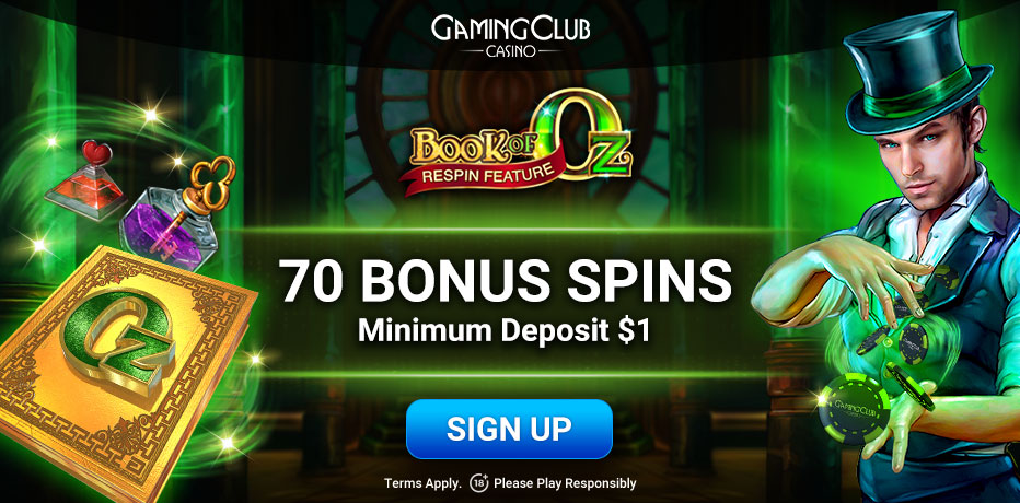 Gaming Club Casino $1 Deposit Bonus - 30 Free Spins on the Book of Oz