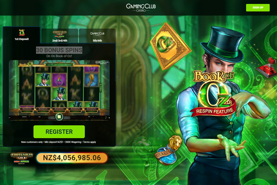 Gaming Club Casino $1 Deposit Bonus - 30 Free Spins on Book of OZ 