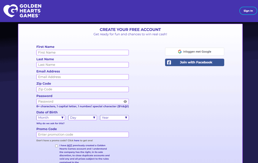 How to sign up at Golden Hearts Games