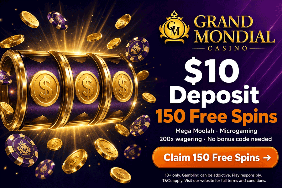 Grand Mondial Casino free spins – 150 free spins on a $10 deposit – playable on Mega Money Wheel