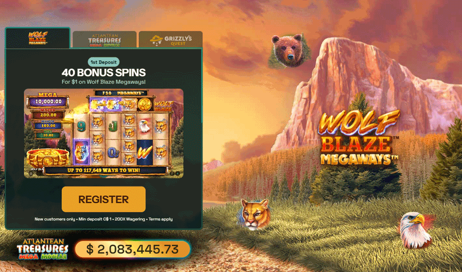 Grizzly's Quest $1 deposit bonus for 40 free spins on Wolf Blaze Megaway Grizzly's Quest $1 deposit bonus for 40 free spins on Wolf Blaze Megaway