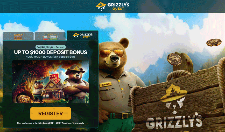 Grizzly’s Quest Casino deposit matches - up $1000 in four deposits Grizzly’s Quest Casino deposit matches - up $1000 in four deposits