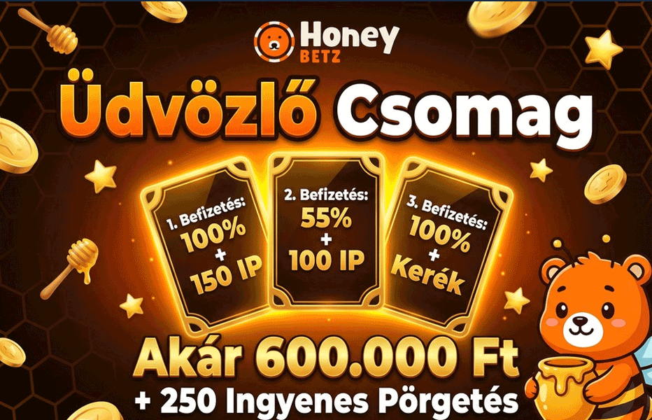 Honeybetz üdvözlő csomag – akár 600.000 Ft + 250 ingyenes pörgetés