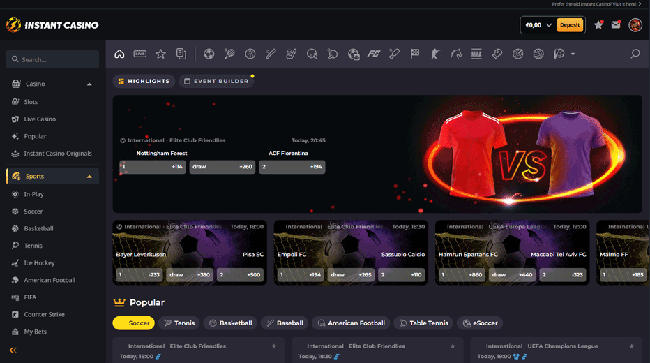Sports betting at Instant Casino - including live betting Sports betting at Instant Casino - including live betting