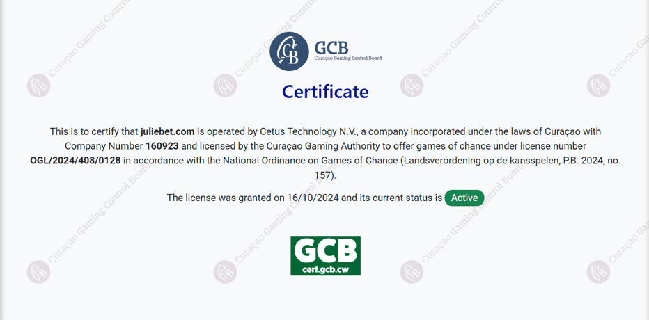 Juliebet iGaming license