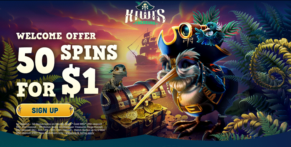 Kiwi’s Treasure $1 deposit bonus – 50 Free Spins on Blazing Bison