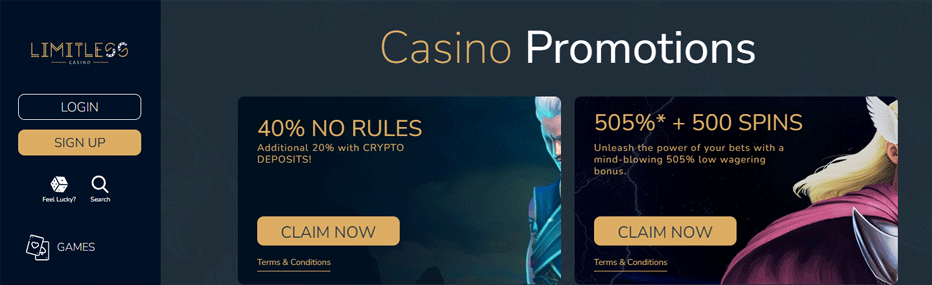 Limitless Casino Boosted Welcome Offer - 505% Bonus & 500 Free Spins