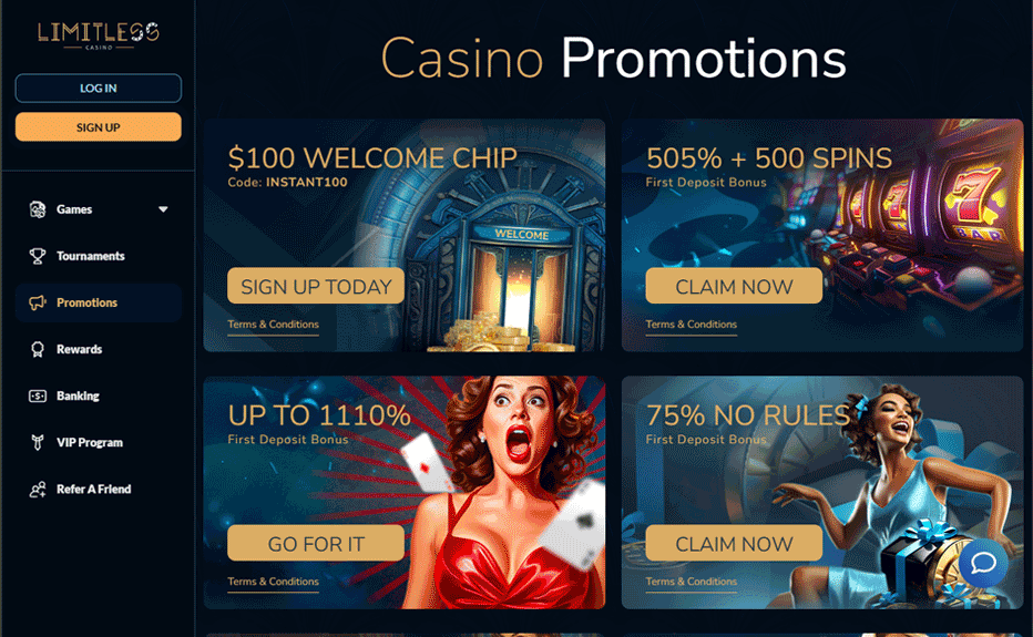Limitless Casino welcome bonuses and promotions
