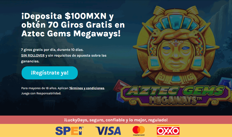 Lucky Days Casino México - deposita $100 y recibe 70 giros gratis (sin rollover)
