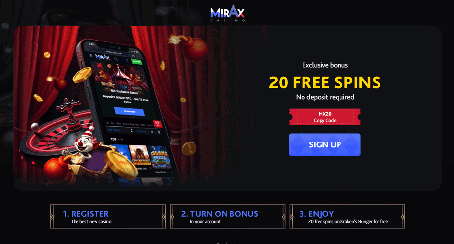 Exclusive Mirax Casino no deposit bonus code – 20 free spins on Kraken's Hunger