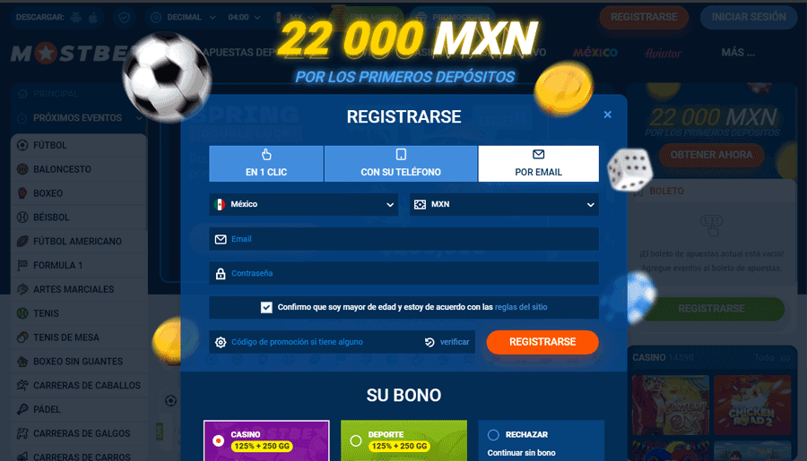 Bono de bienvenida de Mostbet Casino Mexico - Hasta $22,000 MXN y 445 giros gratis