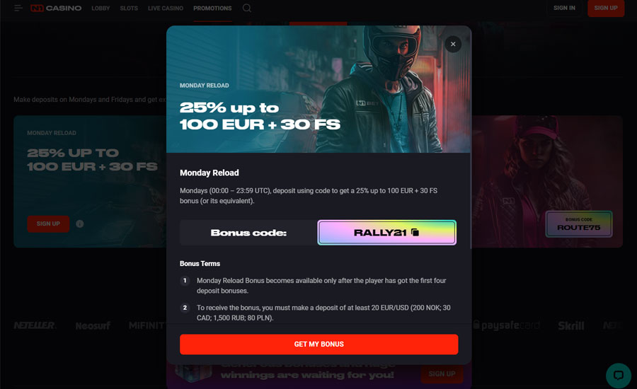 N1 Casino Weekly Monday reload bonus – Bonus code ‘’RALLY21’’