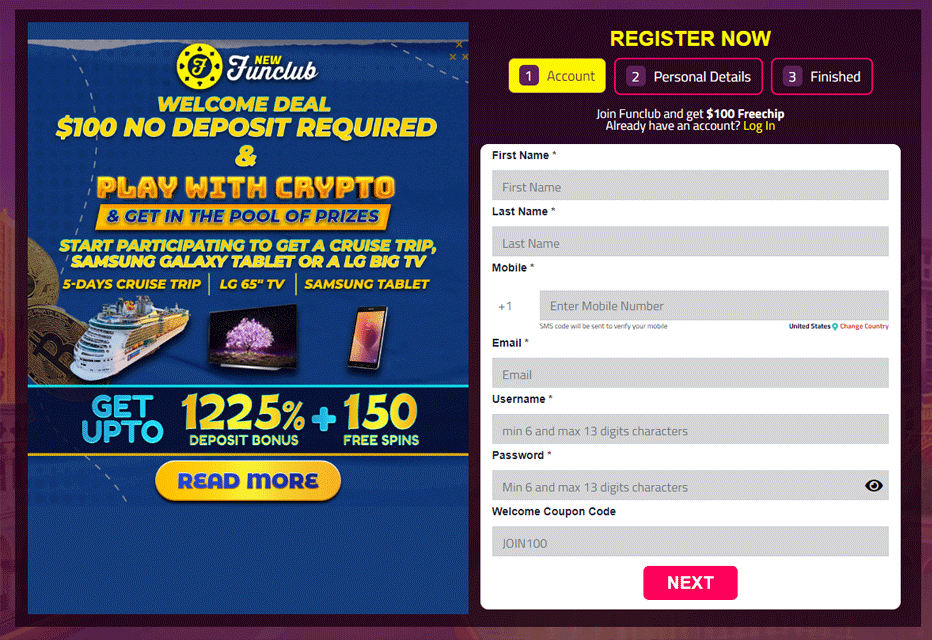 New Funclub Casino No Deposit Bonus Code – ‘’JOIN100’’ for a $100 no deposit bonus
