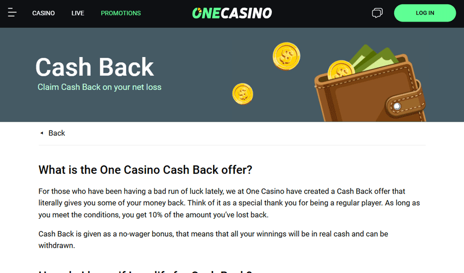 One Casino weekly cashback - up $500 back on your losses