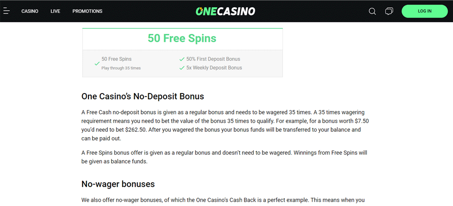 One Casino deposit offers - Grab a 50% Bonus up $200