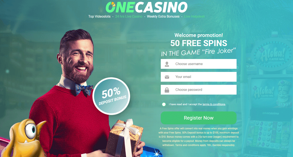 No deposit bonus at One Casino Canada - 50 free spins on Fire Joker