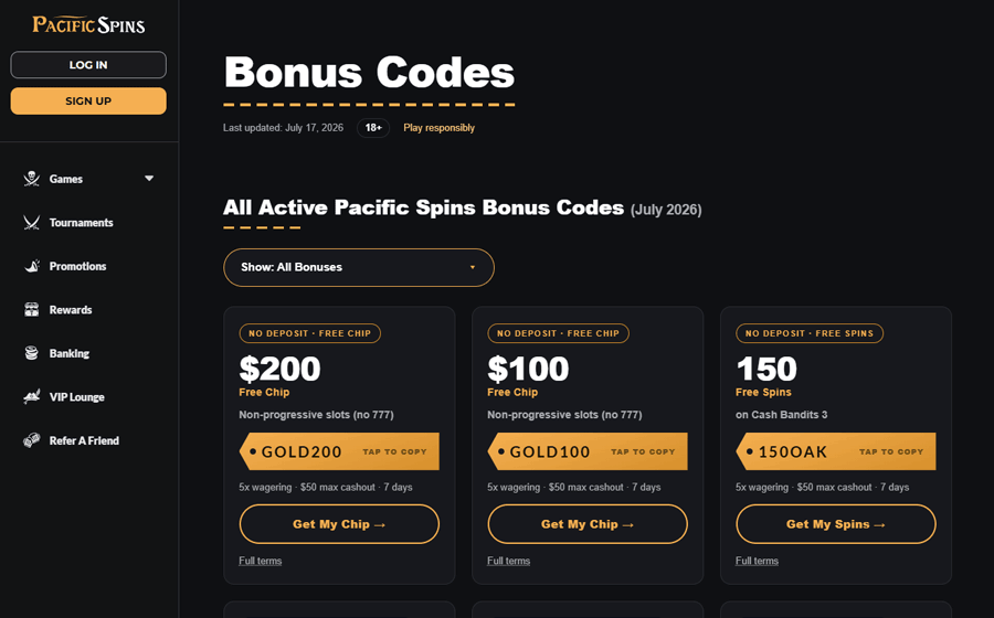 Pacific Spins no deposit bonus codes - all three offers compared