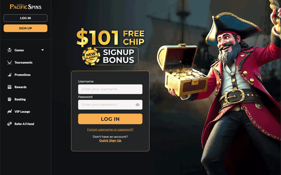 Pacific Spins Casino no deposit bonus: $101 free chip