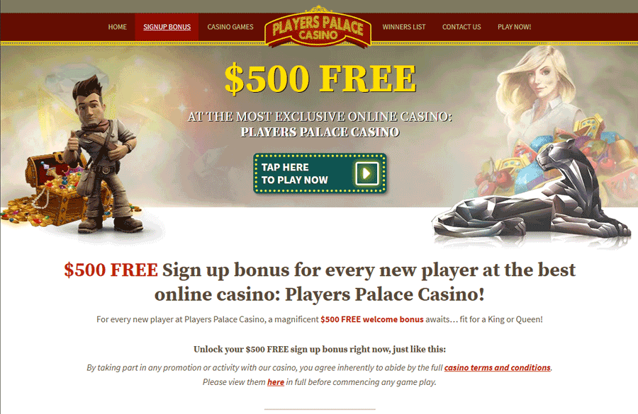 Players Palace Casino welcome bonus – up to C$500 for new players
