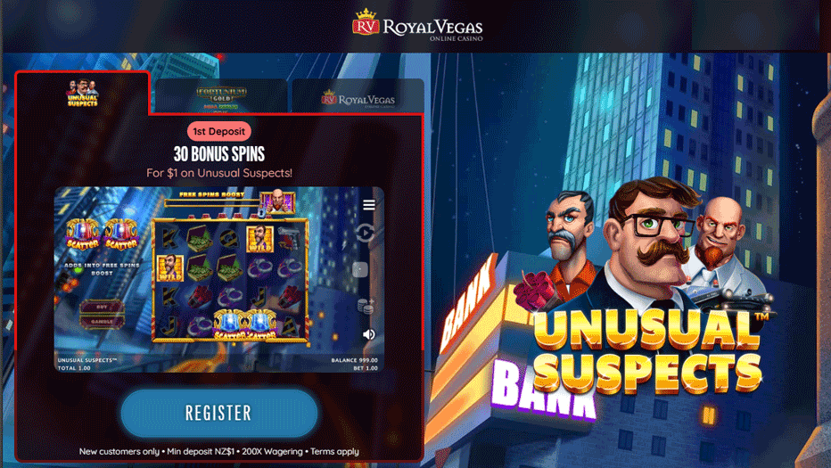 Royal Vegas $1 deposit bonus for 30 free spins on Unusual Suspects Royal Vegas $1 deposit bonus for 30 free spins on Unusual Suspects