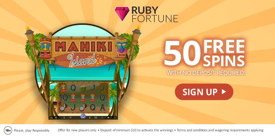 Bono de Ruby Fortune – 50 Giros gratis (Sin Necesidad de Depósito) + Bono de 100% 3 veces