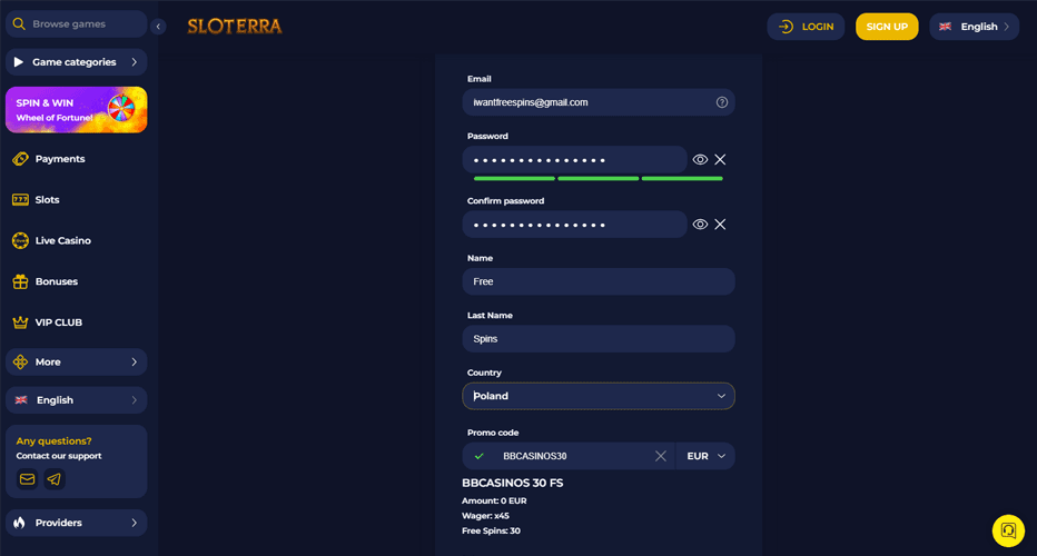 Registration procedure in Sloterra Casino