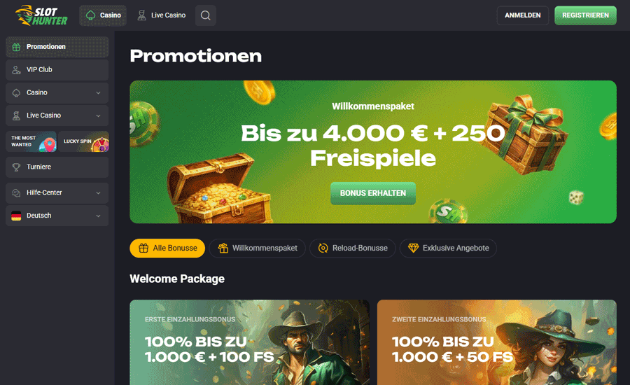 SlotHunter Casino Willkommenspaket – bis zu 4.000 € + 250 Freispiele