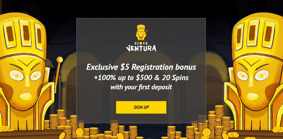 Slots Ventura Welcome Pack - $5 free + 100% deposit match + 20 free spins