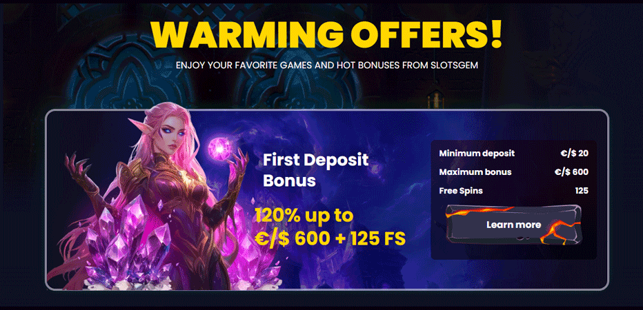 First deposit offer – up 120% bonus and 125 free spins