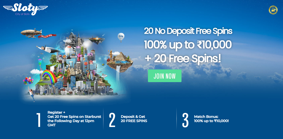 Sloty Casino Bonus India - 20 No Deposit Free Spins + ₹30,000 Bonus