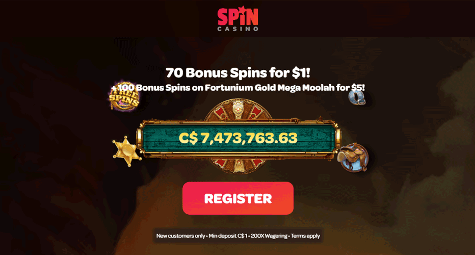 Spin Casino $1 Deposit Bonus - 70 Bonus Spins on Mega Mustang