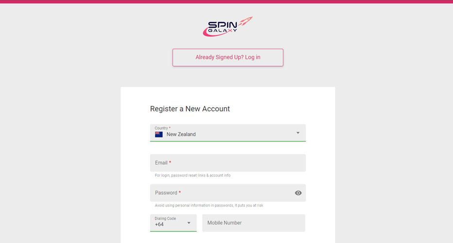 Spin Galaxy sign-up form
