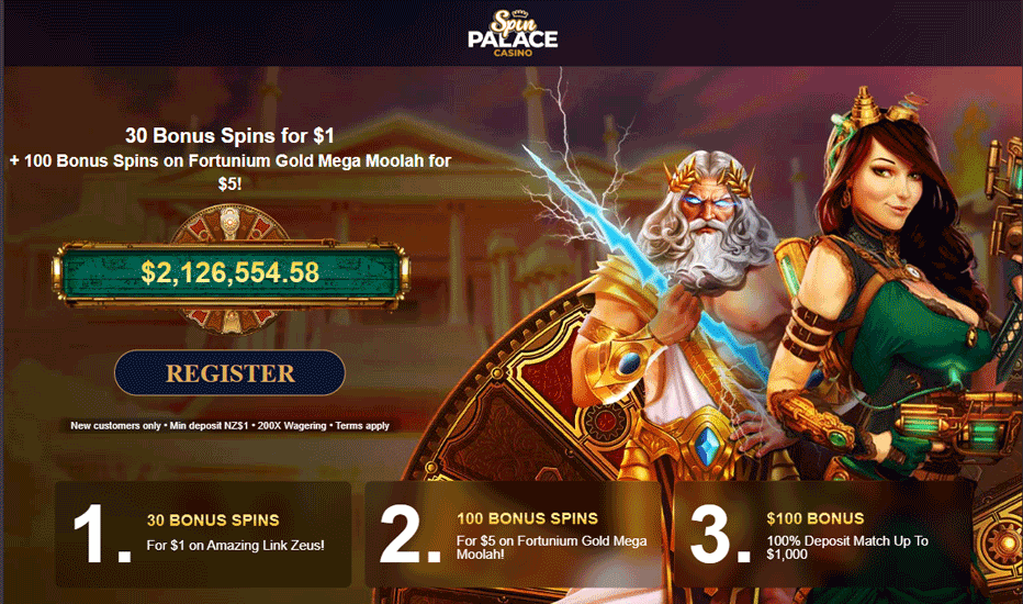 Spin Palace Casino $1 Deposit Bonus for 30 Free Spins on Amazing Link Zeus