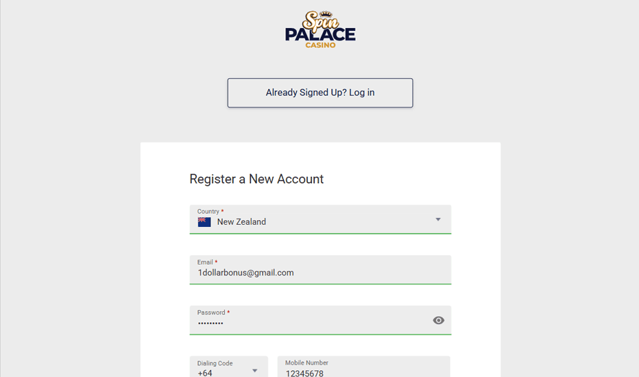 Spin Palace sign up form