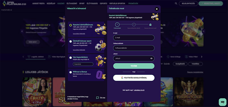 spin platinum üdvözlő bónusz