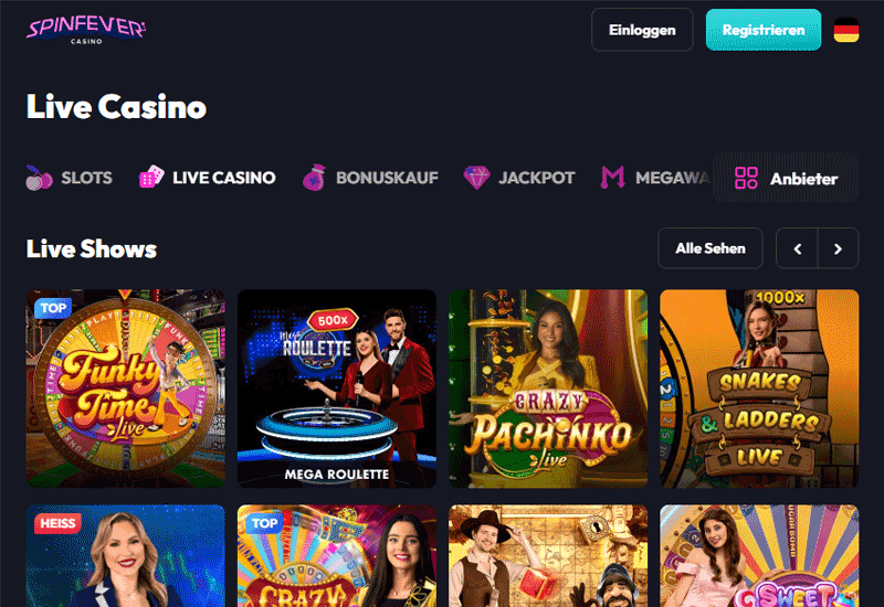SpinFever Live Casino – Tischspiele & Game Shows in Echtzeit