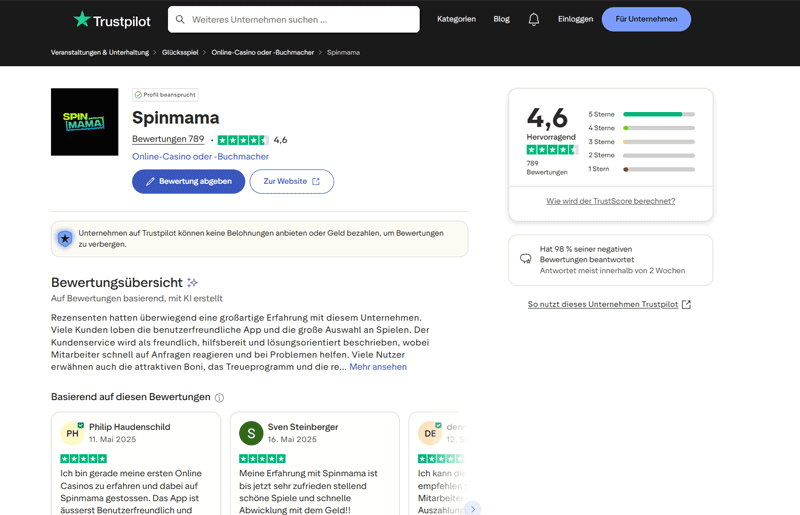 SpinMama Casino Bewertung – ein starker Trustpilot-Score