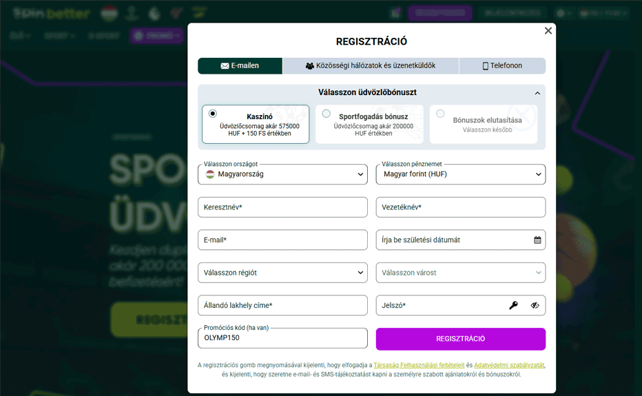 Első befizetési bónusz – 100% akár 150.000 HUF + 30 ingyenes pörgetés