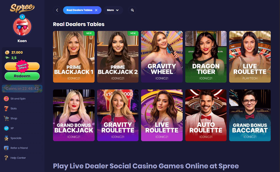 Live dealer games at Spree Casino