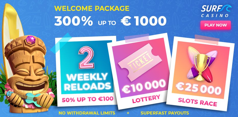 Surf-Casino-Bonus - 50 Freispiele + 300% Bonus auf 1. Einzahlung