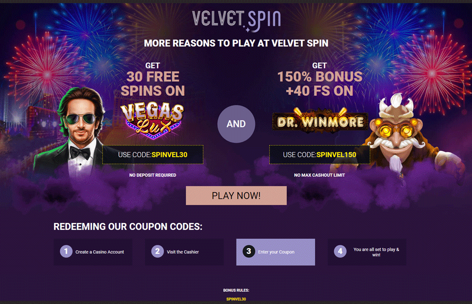 Velvet Spin 30 Free Spins No Deposit Real Money - Bonus Code ''SPINVEL30''
