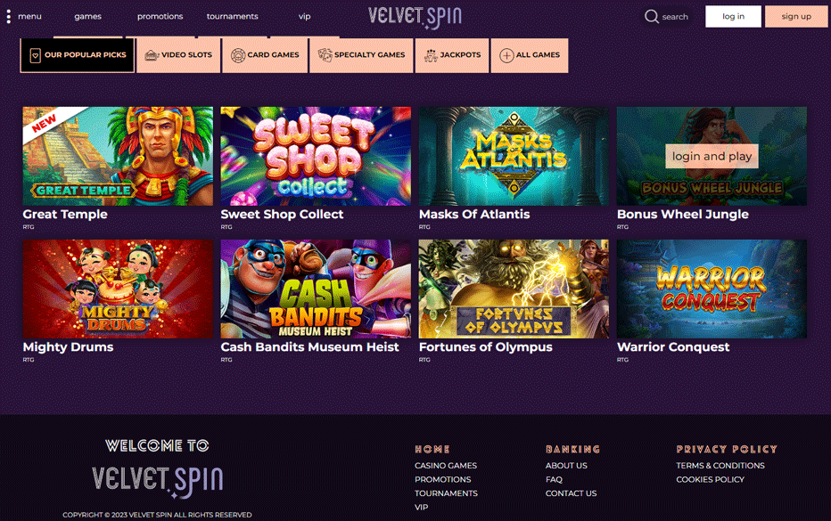 Casino games available at Velvet Spin Casino
