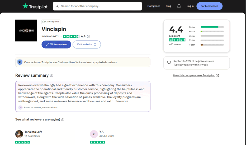 Vincispin review – great ratings for a young casino Vincispin review – great ratings for a young casino
