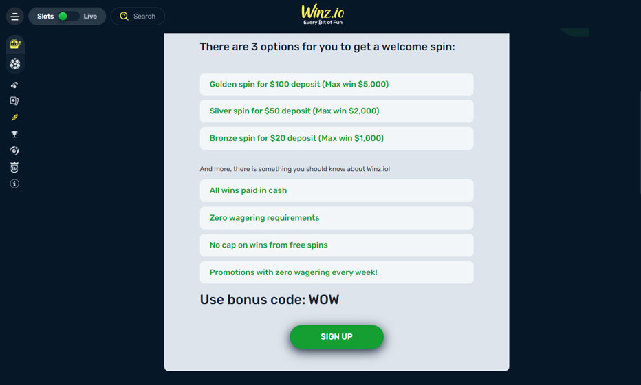 Winz.io Welcome Spin options - WIn up $5,000